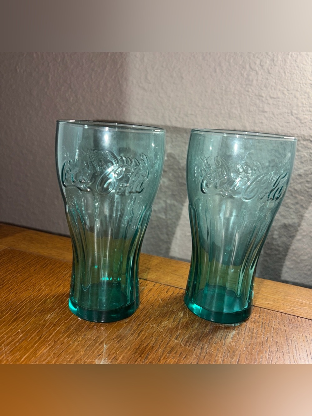 Coca Cola Aqua Green Embossed Glass Tumblers - Pair